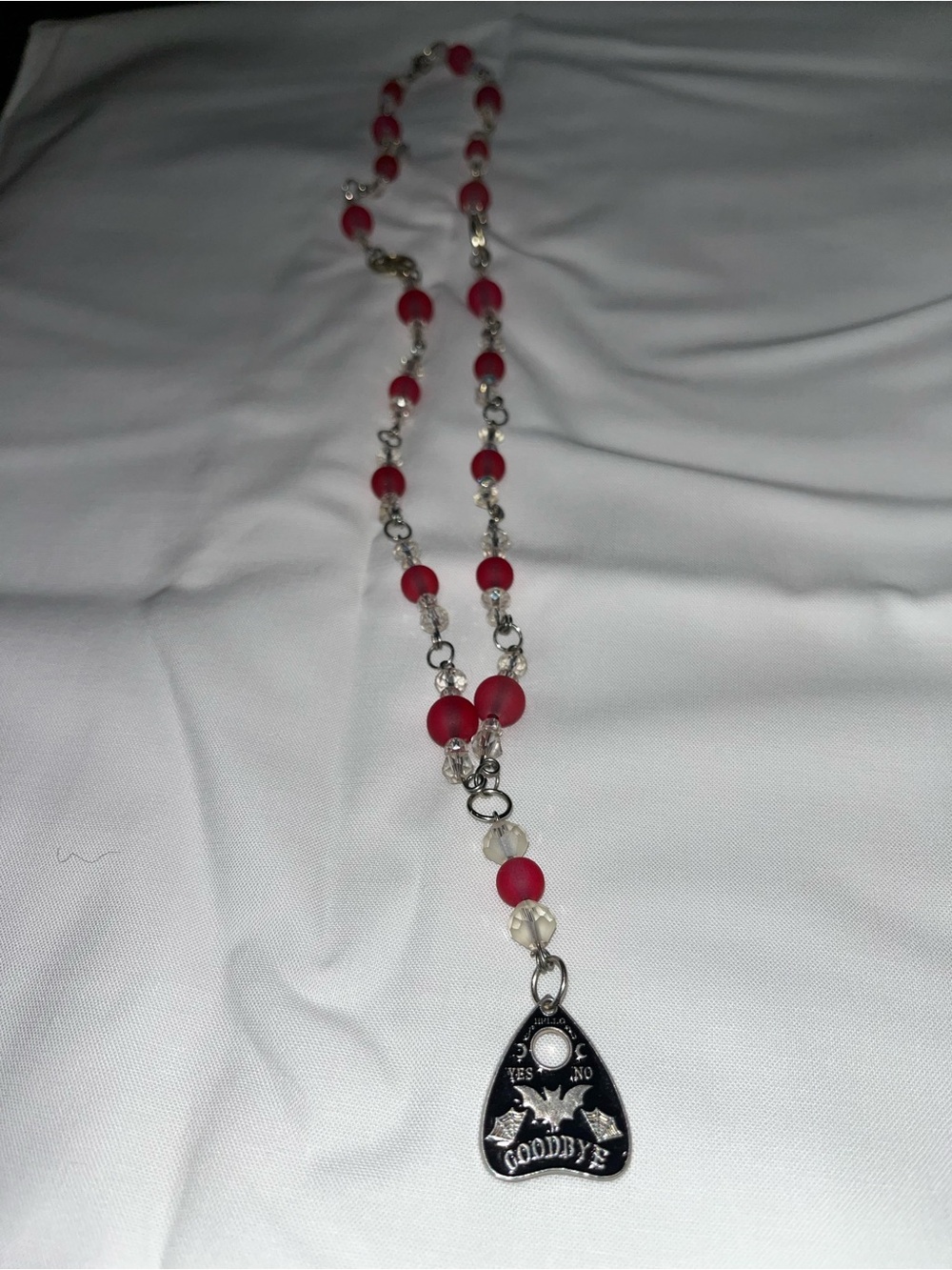 Red Bead Necklace with Gothic Planchette Pendant